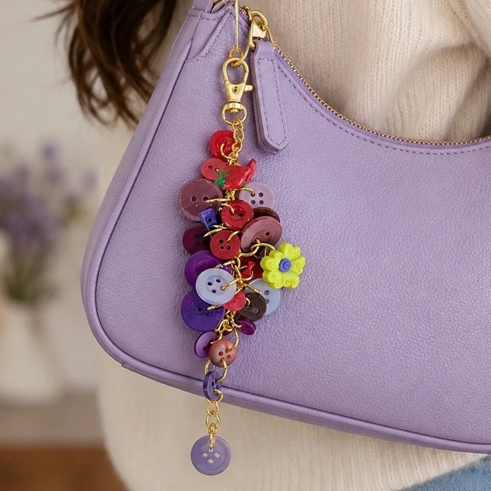 Handmade Colorful Button Cluster Bag Charm Keychain Gold Tone Flower Strawberry